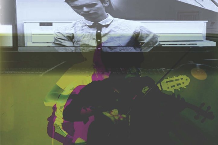 Double exposure image with a musician playing a string instrument overlayed on a black and white portrait of a man in a button-up shirt