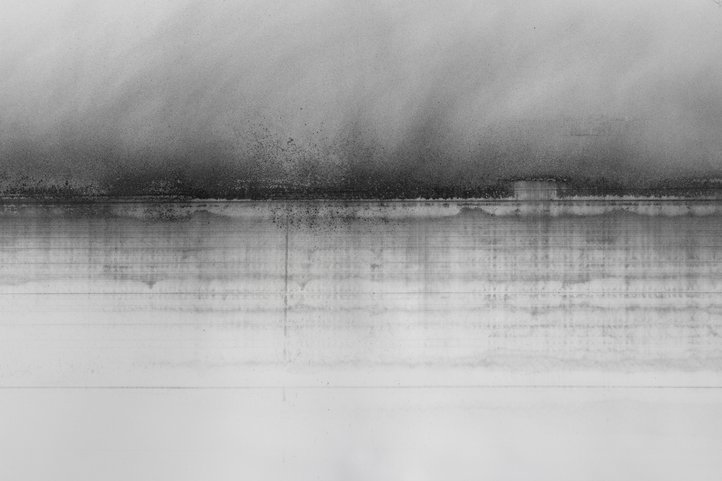 Abstract black and white graphic with horizontal structures from the Digital Media program.