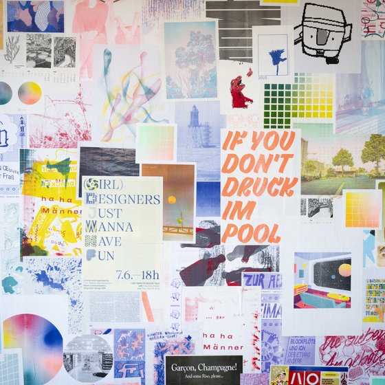 Close-up of colourful print graphics on the wall in the Druckpool of HfK Bremen.